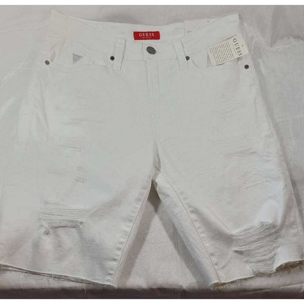 Guess Men's Clarke Stretch Denim Shorts - White Destroyed - Size 30 - 11" Inseam